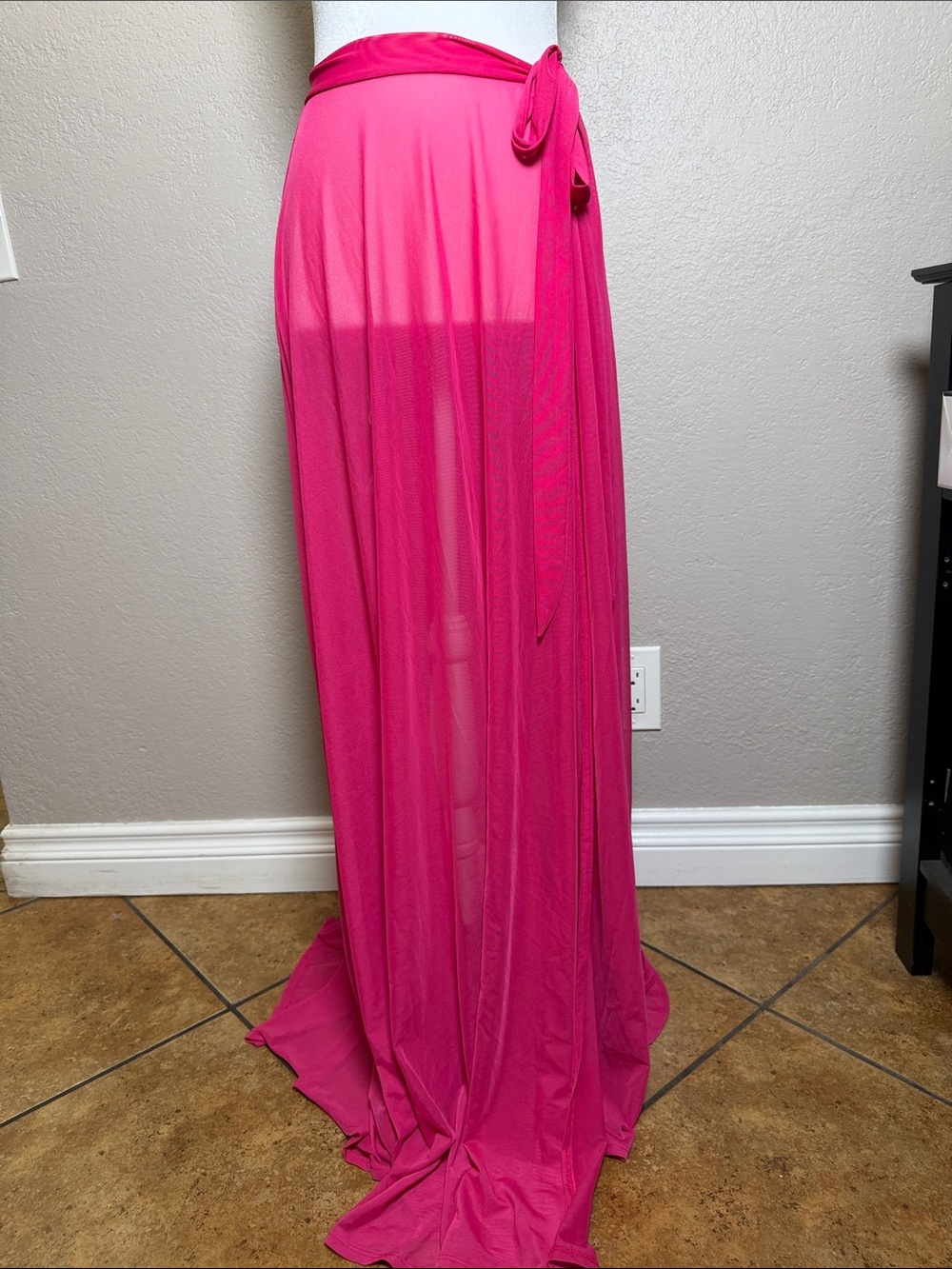 Sheer Tie-Waist Maxi Skirt in Bright Pink